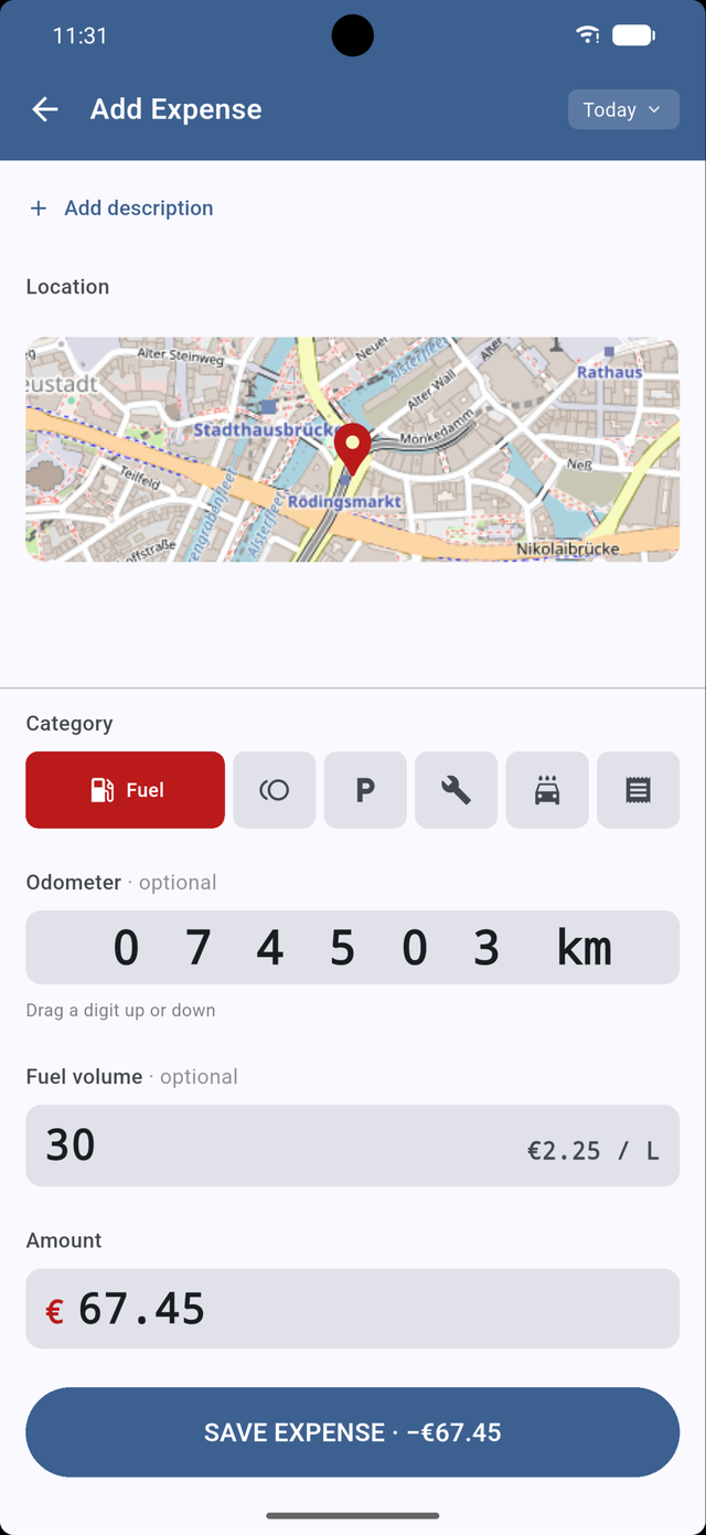Add-expense screen with fuel selected: location snapshot, odometer and fuel volume in kilometers and liters, and the amount in euros