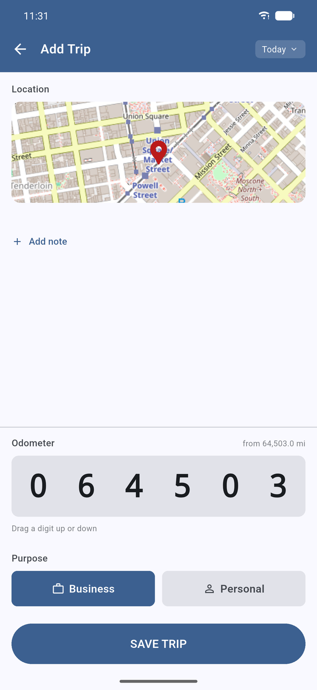Add-trip screen: a location snapshot on a map, a roller-style odometer input, and a business or personal toggle