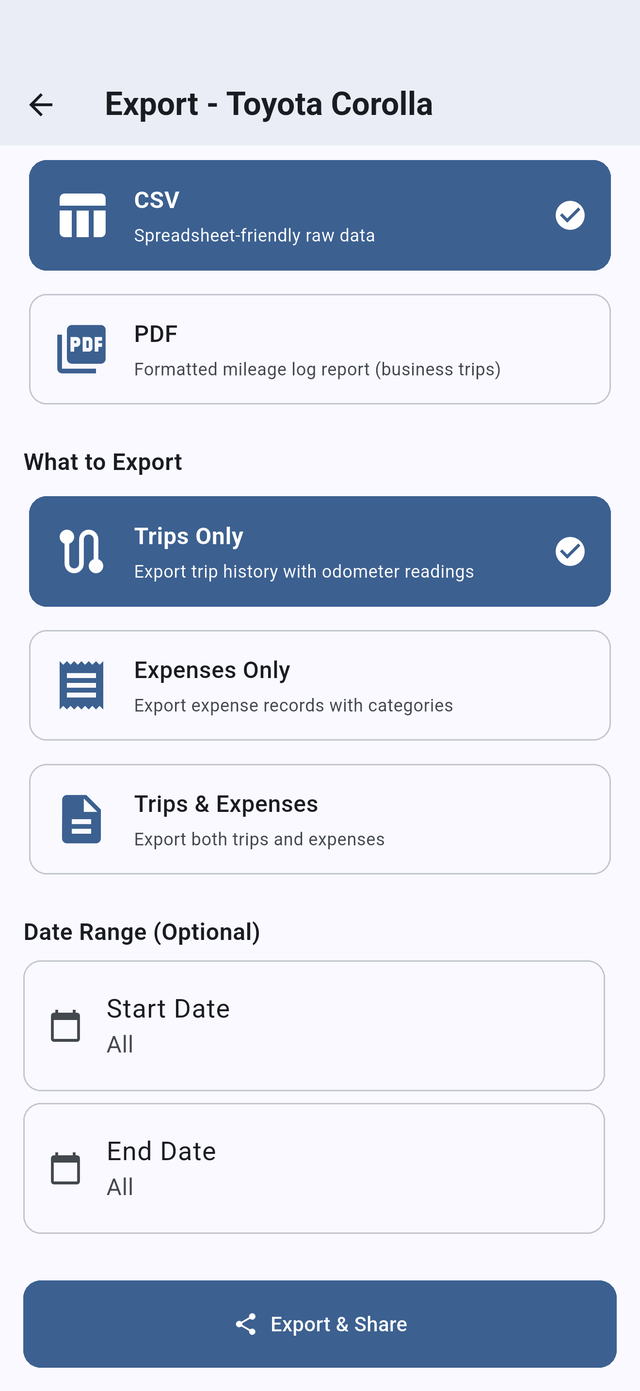 Export screen: CSV or PDF, trips or expenses or both, and an optional date range before sharing