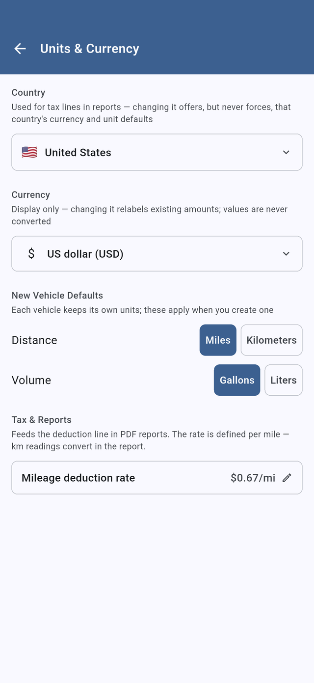 Units and currency settings: country, display currency, miles or kilometers, gallons or liters, and an editable mileage deduction rate